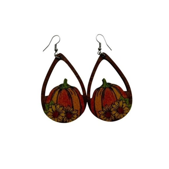 Wooden Teardrop Pumpkin and Sunflower Earrings - Picture 1 of 2